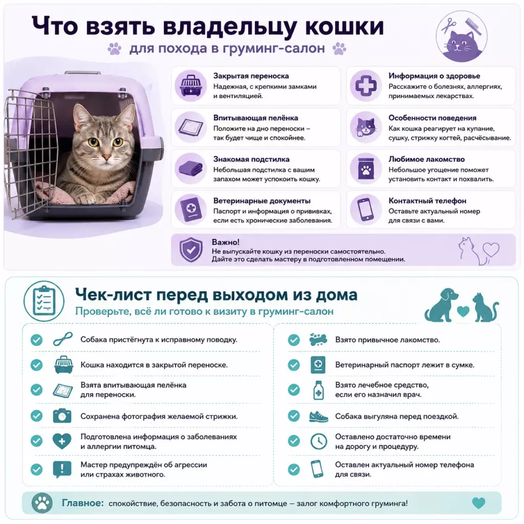 Чек-лист перед выходом из дома для посещения груминг-салона с собакой или кошкой