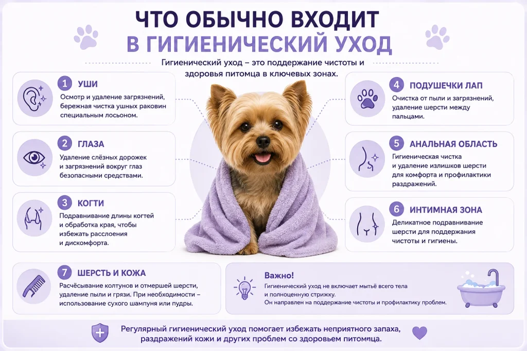Что обычно входит в гигиенический уход за собакой