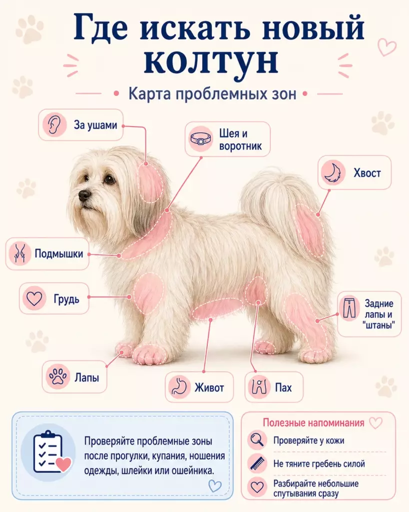 Где искать новый колтун у собаки - карта проблемных зон