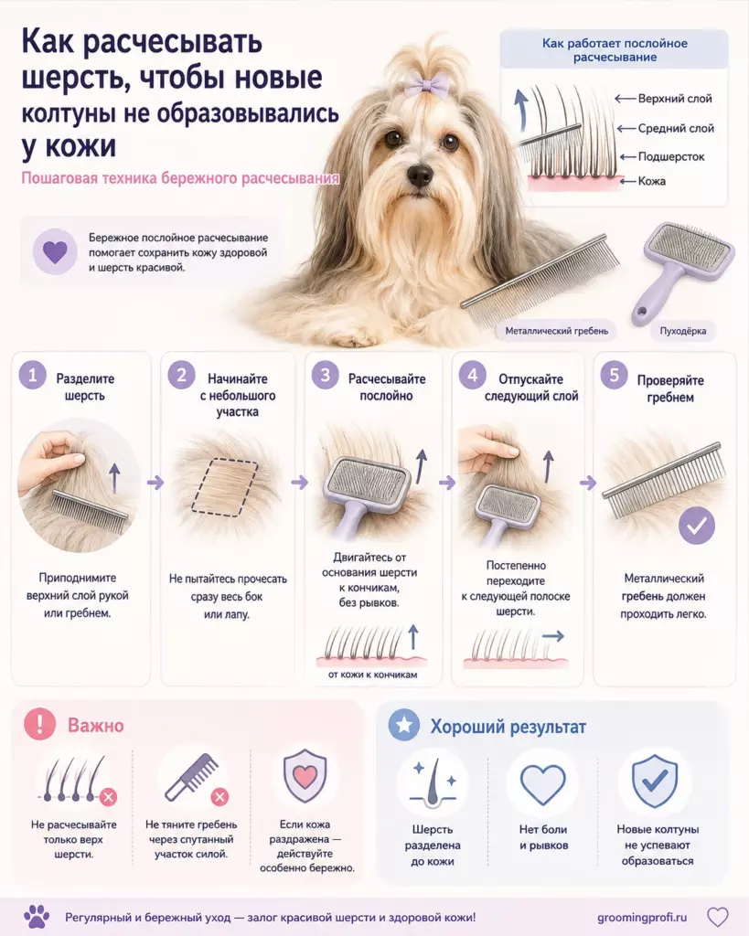 Как правильно расчесывать шерсть собаки послойно, чтобы колтуны не образовывались у кожи