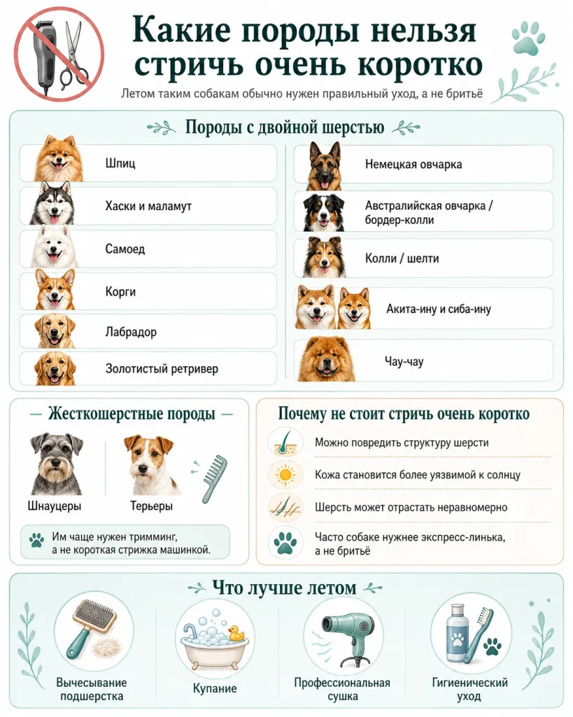 Инфографика о породах собак, которых не рекомендуется очень коротко стричь летом