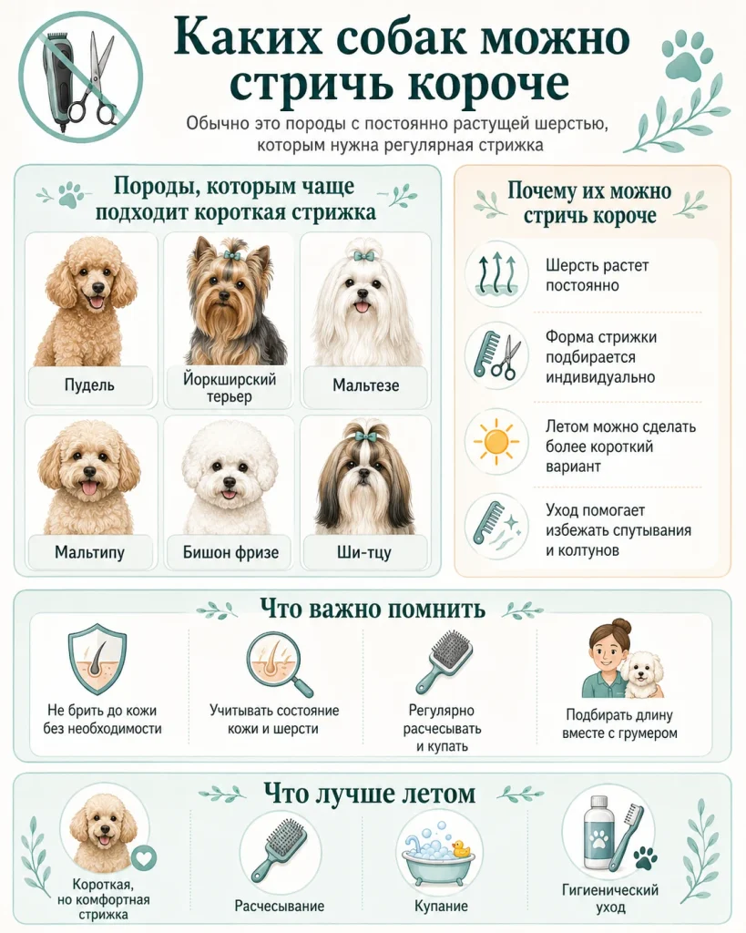 Инфографика о породах собак, которых можно стричь короче летом