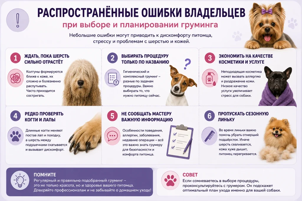 Распространённые ошибки владельцев при выборе и планировании груминга собаки