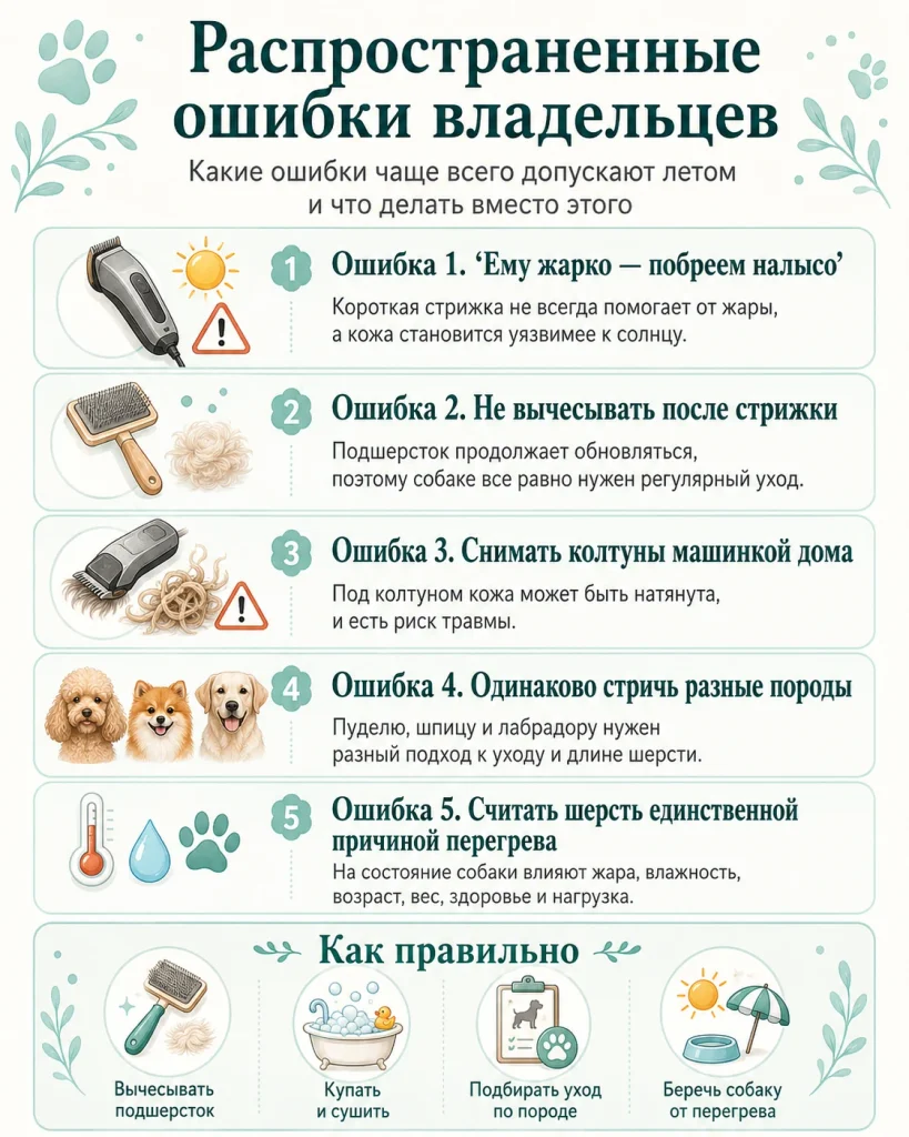 Инфографика о распространенных ошибках владельцев при уходе за собакой летом