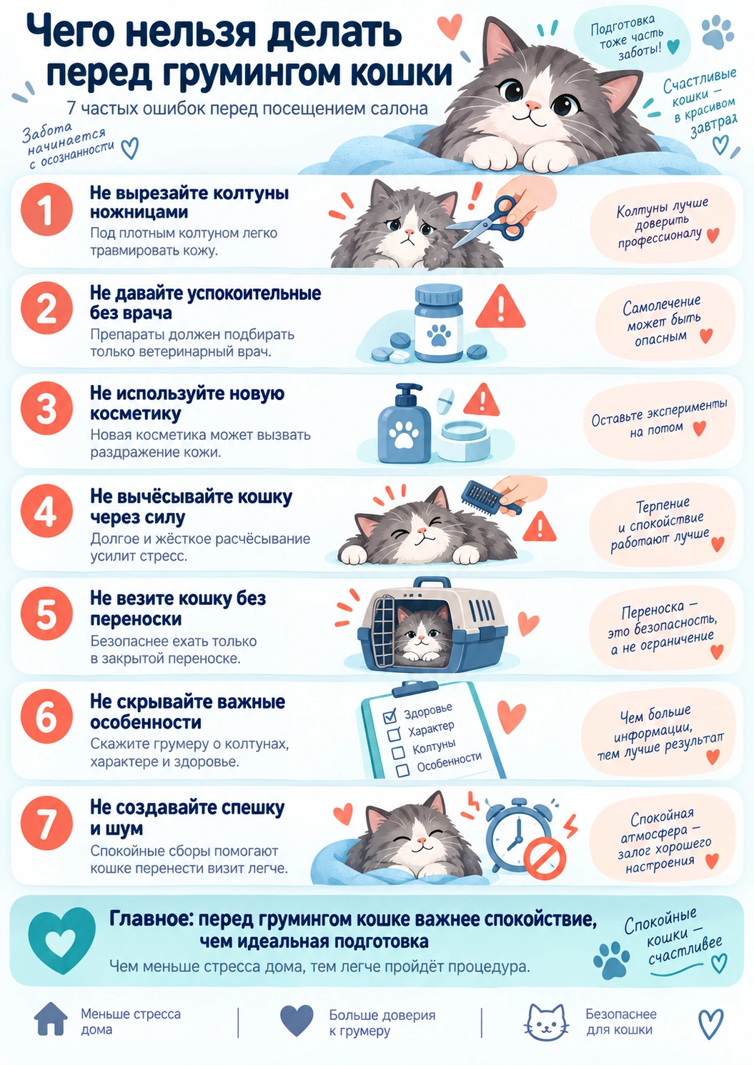 Чего нельзя делать перед грумингом кошки