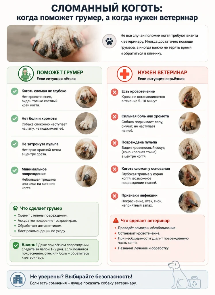 Сломанный коготь у собаки: когда поможет грумер, а когда нужен ветеринар