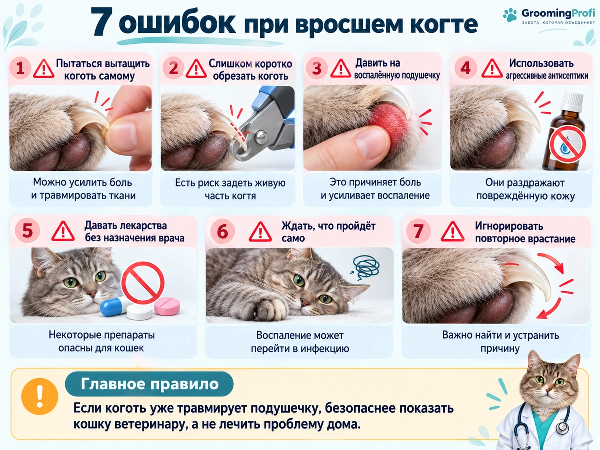 Семь ошибок при вросшем когте у кошки
