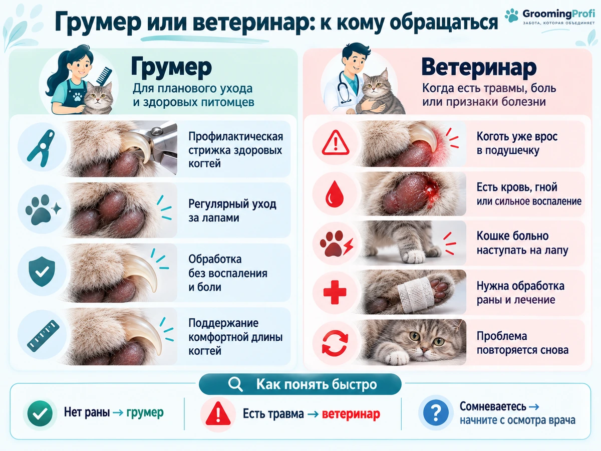 Грумер или ветеринар при вросшем когте у кошки